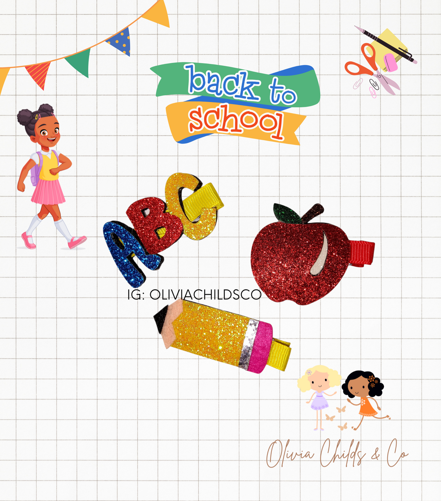 Back-to-School Glitter Hair Clippie Set