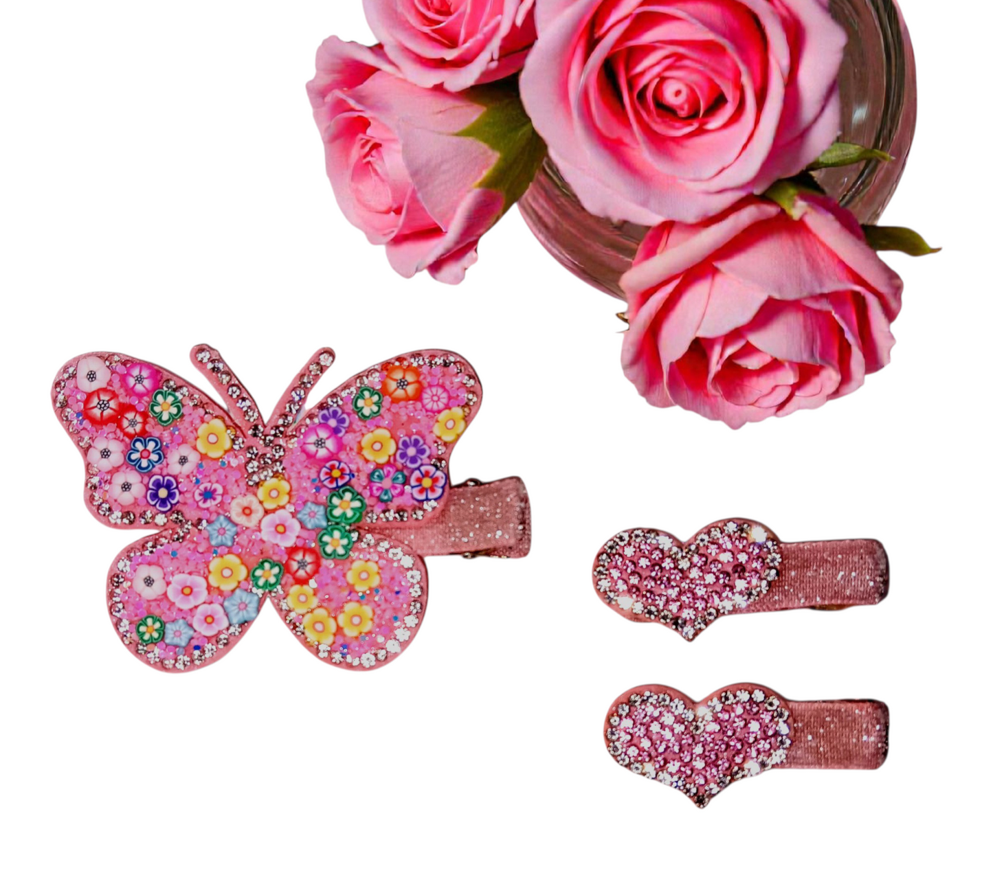 Butterfly & Heart / Flower Glitter Hair Clippies