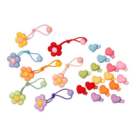 Sweet, Playful Girls Heart Clippies + Flower Hair Ties Set